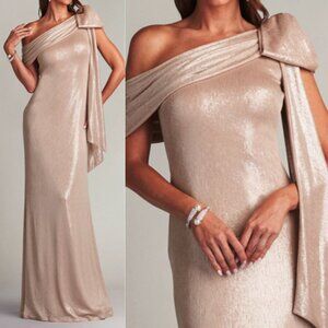 NWT Tadashi shoji Valia Bow-Shoulder Lame Gown Dress BSJ18371L Antique Pink XS